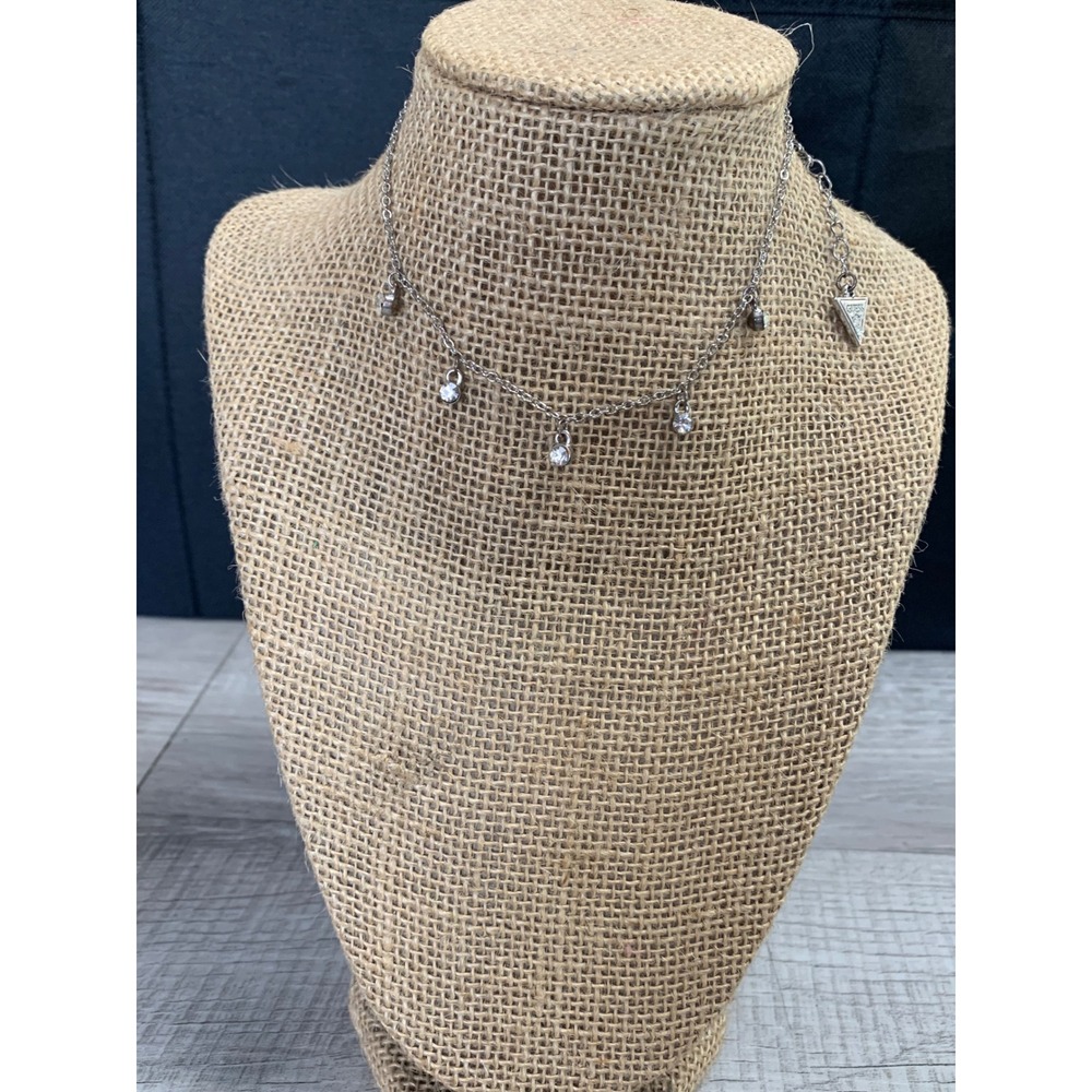 GUESS Womens Silver Tone Crystal Dangle Charm Choker Necklace 12-16 Inch